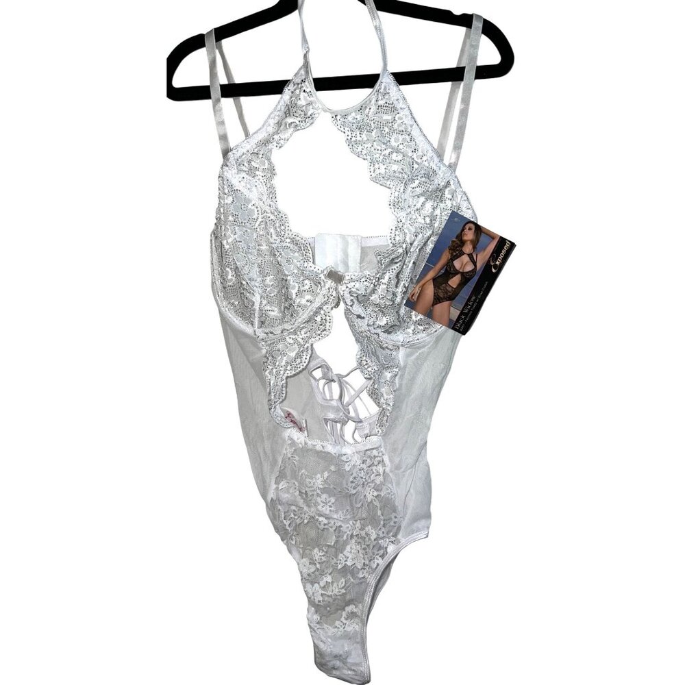 Sexy Lingerie White Lace Halter Teddy Bodysuit With Back Tie Closure